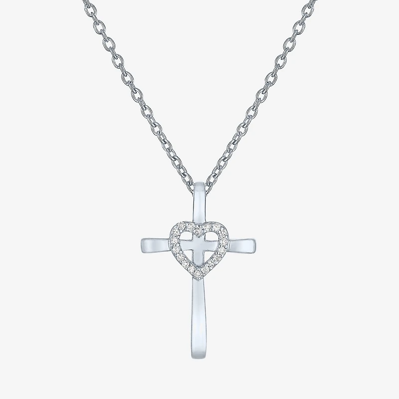 (G-H / Si2-I1) Womens Lab Grown White Diamond Accent Sterling Silver Cross Heart 16 Inch Pendant Necklace