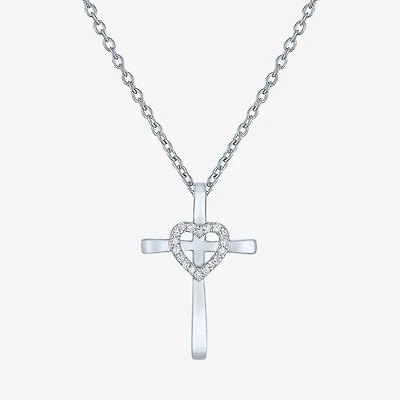 (G-H / Si2-I1) Womens Lab Grown White Diamond Accent Sterling Silver Cross Heart 16 Inch Pendant Necklace