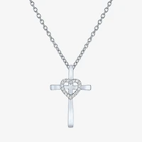 (G-H / Si2-I1) Womens Lab Grown White Diamond Accent Sterling Silver Cross Heart 16 Inch Pendant Necklace