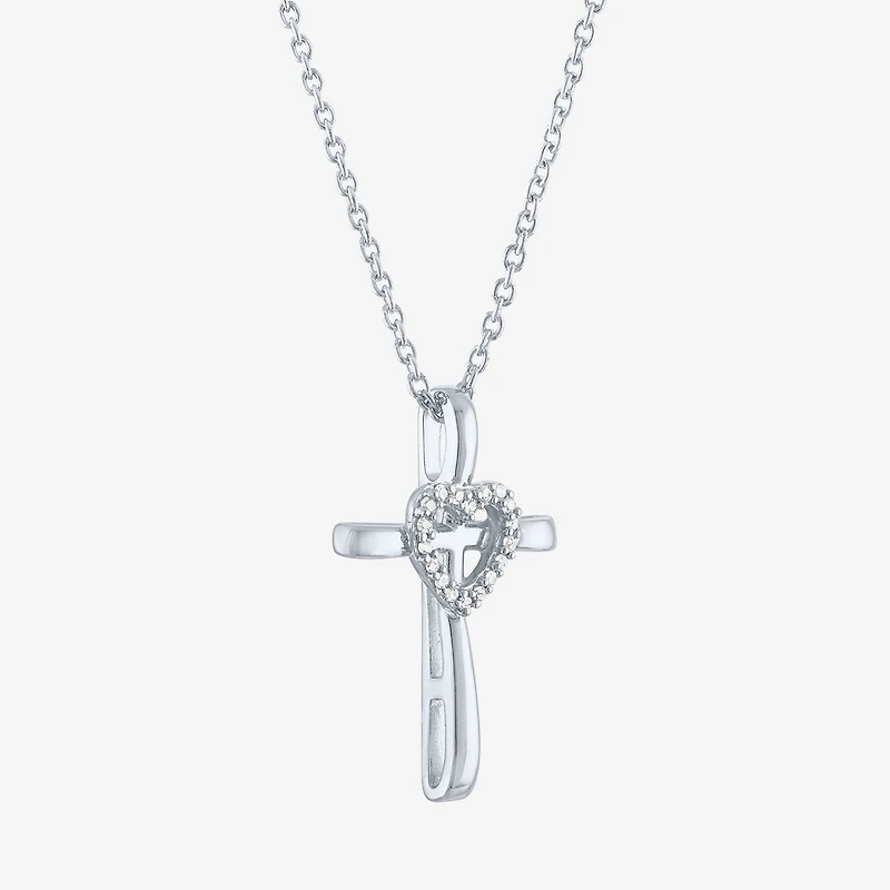 (G-H / Si2-I1) Womens Lab Grown White Diamond Accent Sterling Silver Cross Heart 16 Inch Pendant Necklace