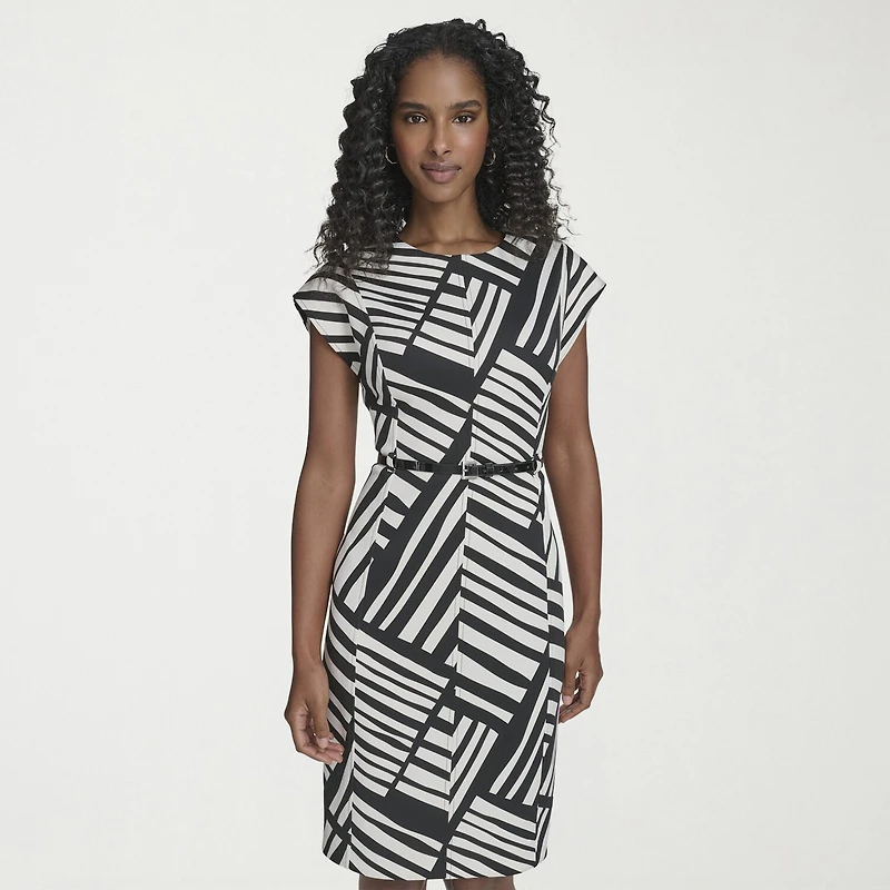 Marc New York Womens Crew Neck Short Sleeve Belted Sheath Dress
