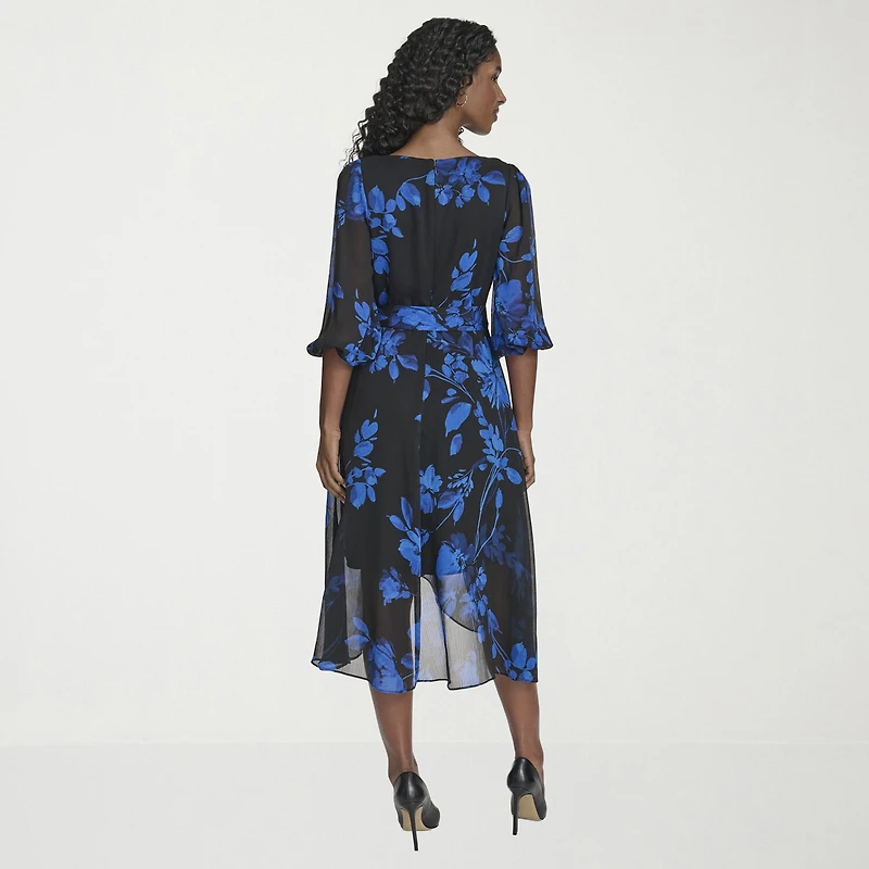 Marc New York Womens Midi V Neck 3/4 Sleeve Balloon Fit + Flare Dress