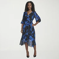 Marc New York Womens Midi V Neck 3/4 Sleeve Balloon Fit + Flare Dress
