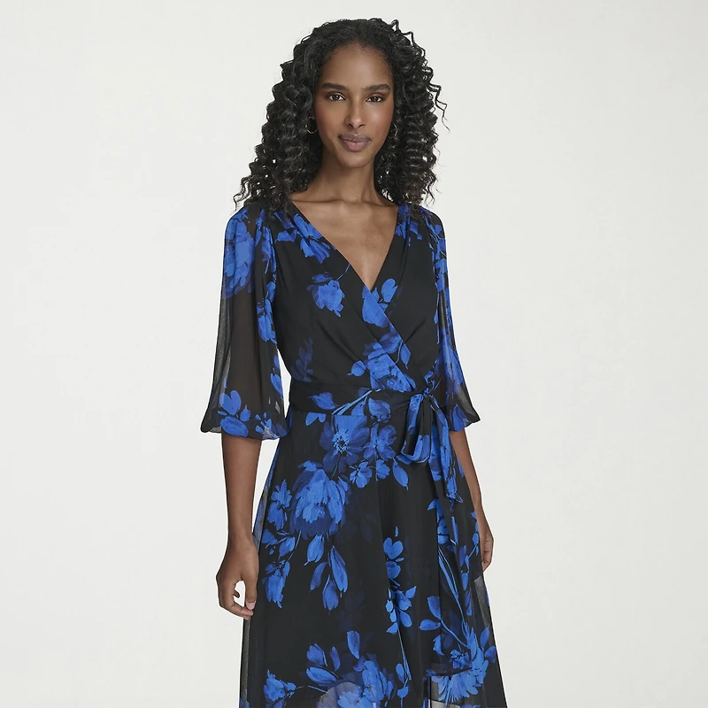 Marc New York Womens Midi V Neck 3/4 Sleeve Balloon Fit + Flare Dress