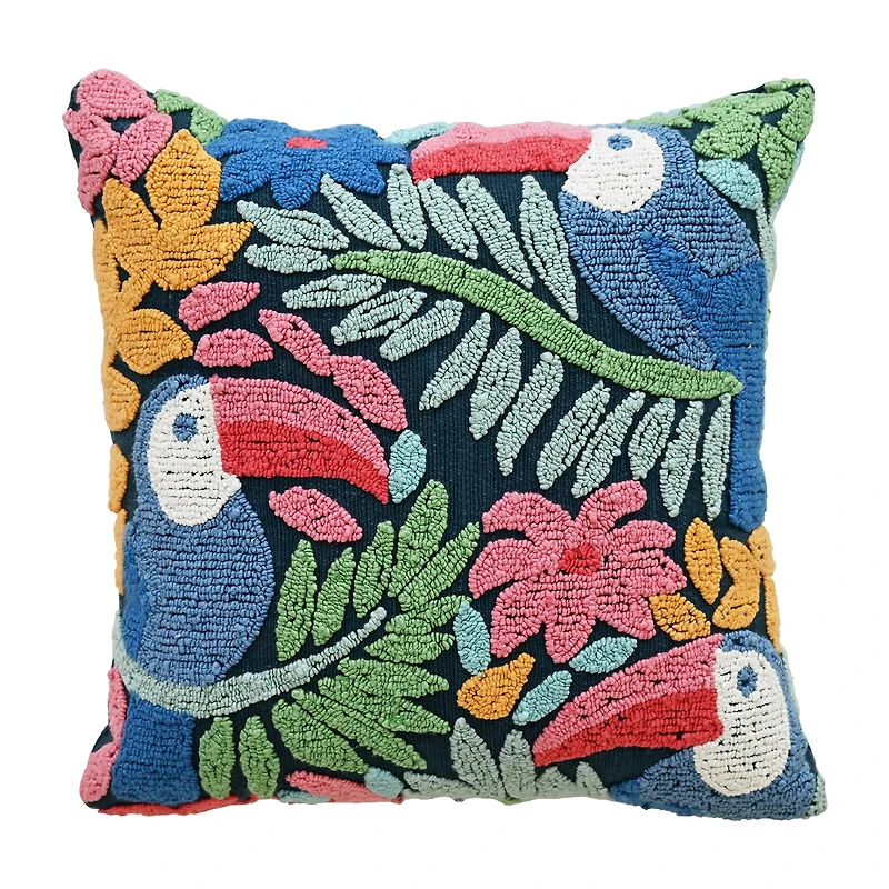 Vibhsa Vibhsa Novelty Hooked Decorative Pillow With Birds And Floral Design, 20"X20" Square Throw Pillow