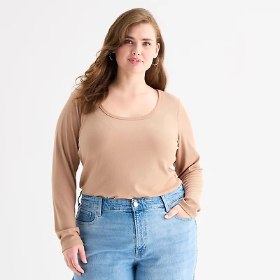 a.n.a Womens Plus Scoop Neck Long Sleeve T-Shirt
