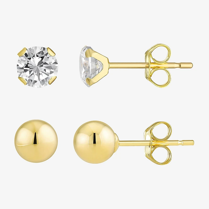 10K Yellow Gold Ball & Cubic Zirconia Stud Earring Set