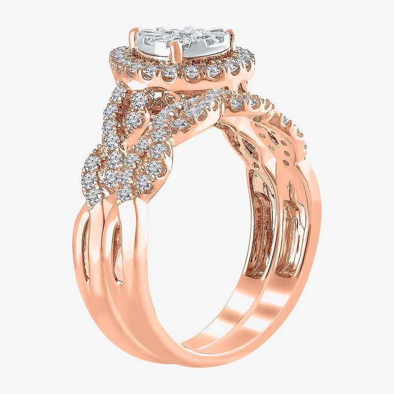Signature By Modern Bride 1 CT.T.W. Natural Diamond Pear Shape Side Stone Halo Bridal Set 10K or 14K Gold