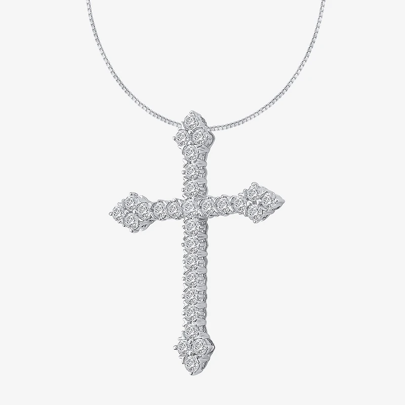 (H / Si2) Womens 1 CT. T.W. Lab Grown White Diamond 10K Gold Cross 18 Inch Pendant Necklace