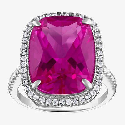 Womens Lab Created Pink Sapphire Sterling Silver Cushion Halo Cocktail Ring