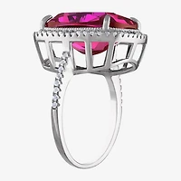 Womens Lab Created Pink Sapphire Sterling Silver Cushion Halo Cocktail Ring