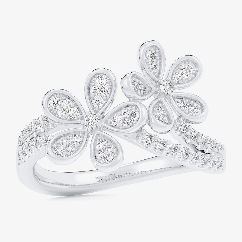 (G-H / Si1-Si2) Womens 1/3 CT. T.W. Lab Grown White Diamond 10K Gold Flower Bypass Cocktail Ring