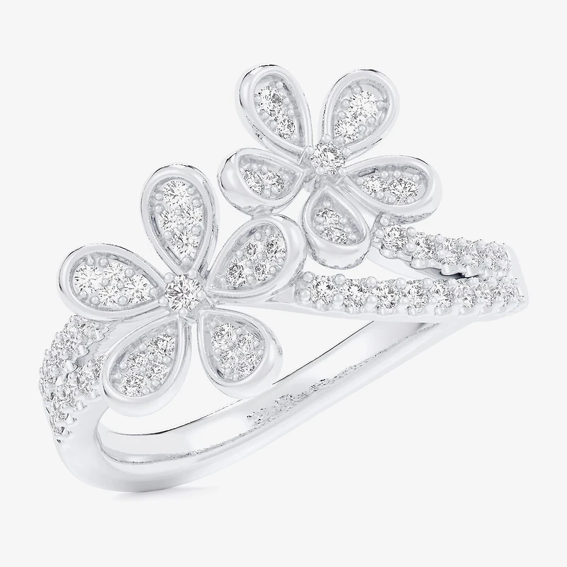 (G-H / Si1-Si2) Womens 1/3 CT. T.W. Lab Grown White Diamond 10K Gold Flower Bypass Cocktail Ring