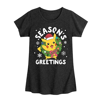 Pikachu Seasons Greetings Big Kid Girls Crew Neck Short Sleeve Pokemon T-Shirt