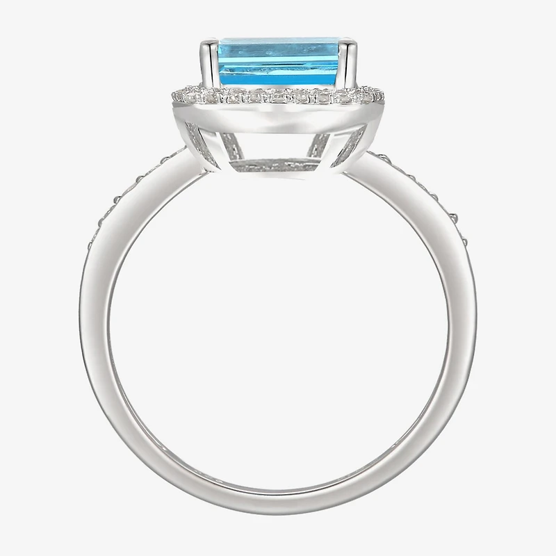 Womens Genuine Blue Topaz Sterling Silver Halo Side Stone Cocktail Ring