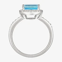 Womens Genuine Blue Topaz Sterling Silver Halo Side Stone Cocktail Ring