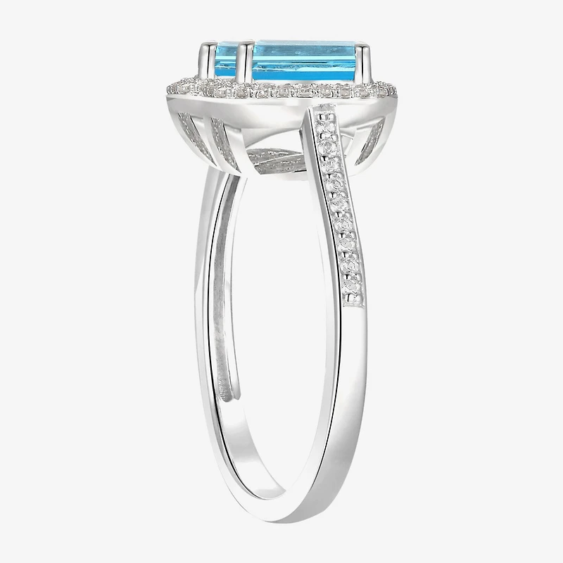 Womens Genuine Blue Topaz Sterling Silver Halo Side Stone Cocktail Ring