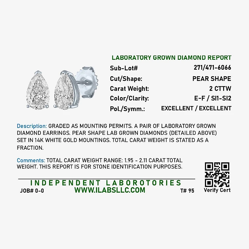 ( E-F/Si1-Si2 ) 2 CT. T.W. Lab-Grown Diamond 14K Gold 8.8mm Pear Stud Earrings