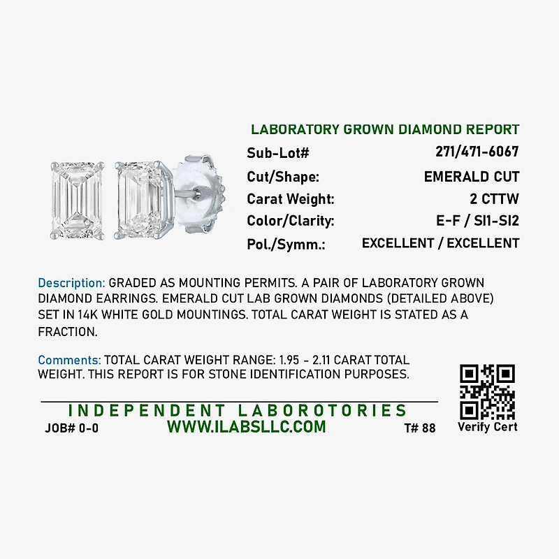 ( Ef/Si1-Si2 ) 2 CT. T.W. Lab-Grown Diamond 14K Gold 7.3mm Emerald Stud Earrings