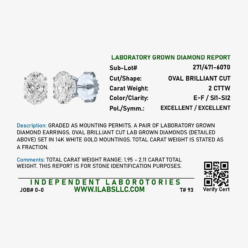 ( E-F/Si1-Si2 ) 2 CT. T.W. Lab-Grown Diamond 14K Gold 8mm Oval Stud Earrings