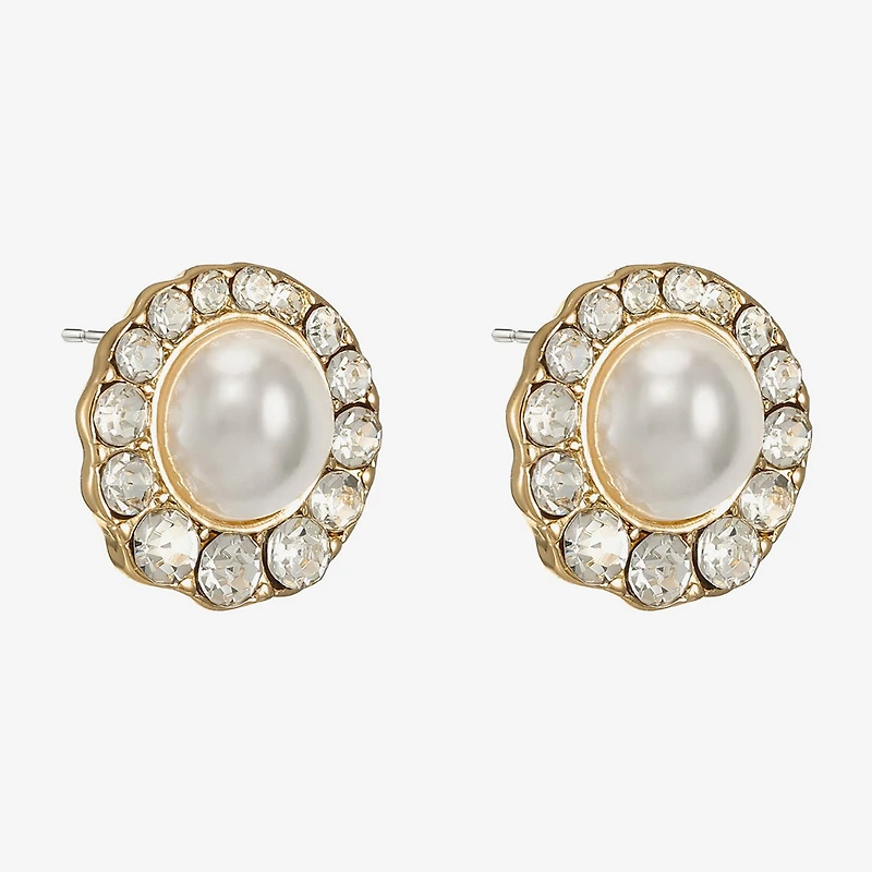 Monet Jewelry Gold Tone Halo Glass Simulated Pearl 10mm Round Stud Earrings