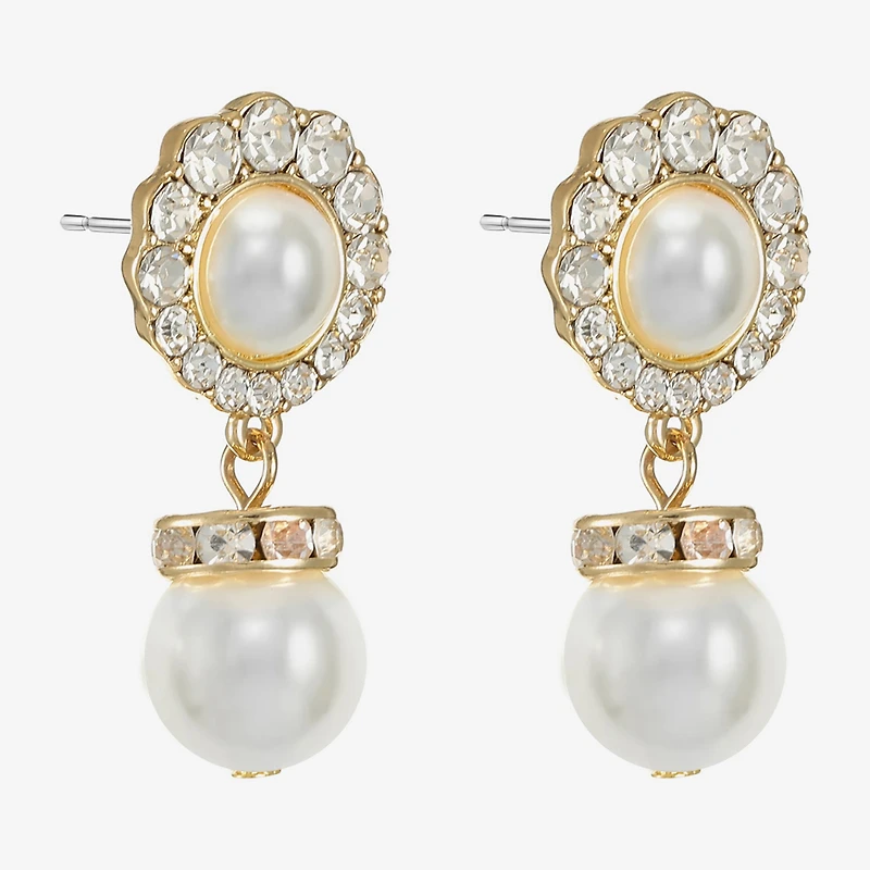 Monet Jewelry Gold Tone Halo Womens Glass Simulated Pearl Round Hypoallergenic Drop Earrings
