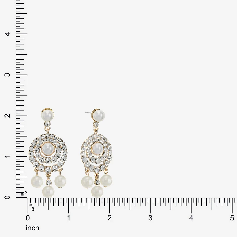 Monet Jewelry Gold Tone Halo Womens Glass Simulated Pearl Round Hypoallergenic Chandelier Earrings