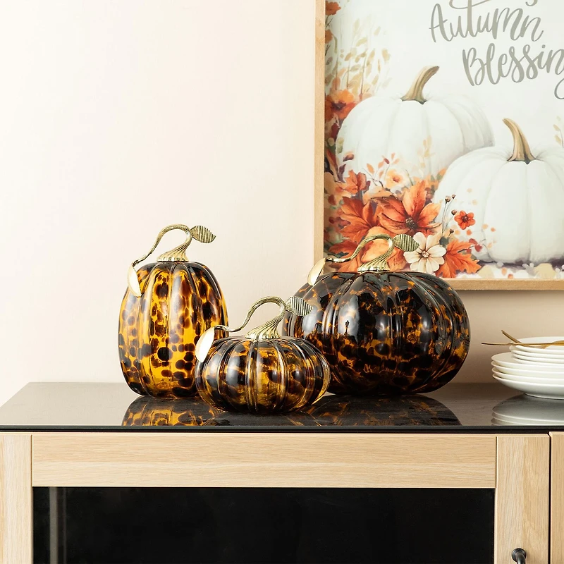 Glitzhome 10"D Amber Dots Glass Pumpkin Thanksgiving Tabletop Decor