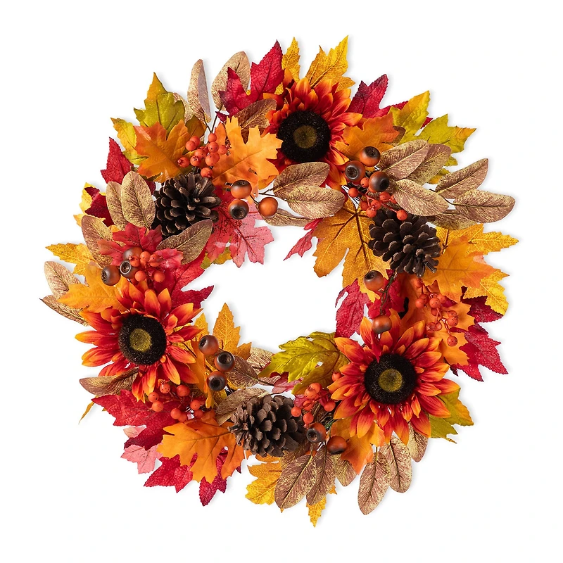 Glitzhome 24"D Fall Sunflower, Pinecone And Berry Wreath Thanksgiving Tabletop Decor
