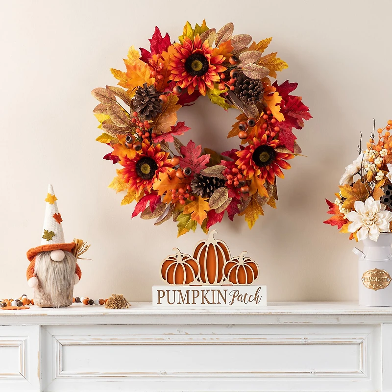 Glitzhome 24"D Fall Sunflower, Pinecone And Berry Wreath Thanksgiving Tabletop Decor