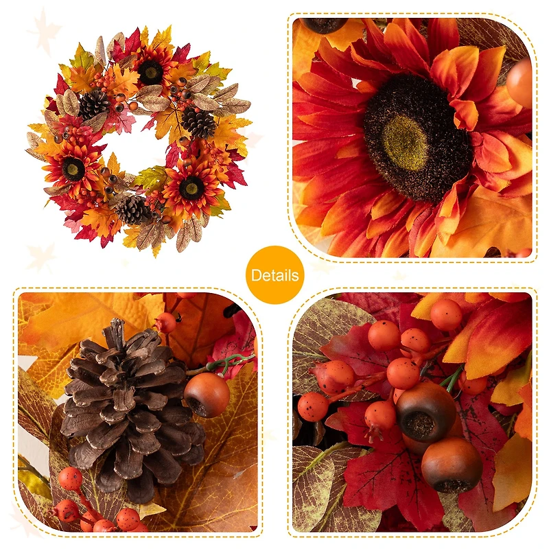 Glitzhome 24"D Fall Sunflower, Pinecone And Berry Wreath Thanksgiving Tabletop Decor