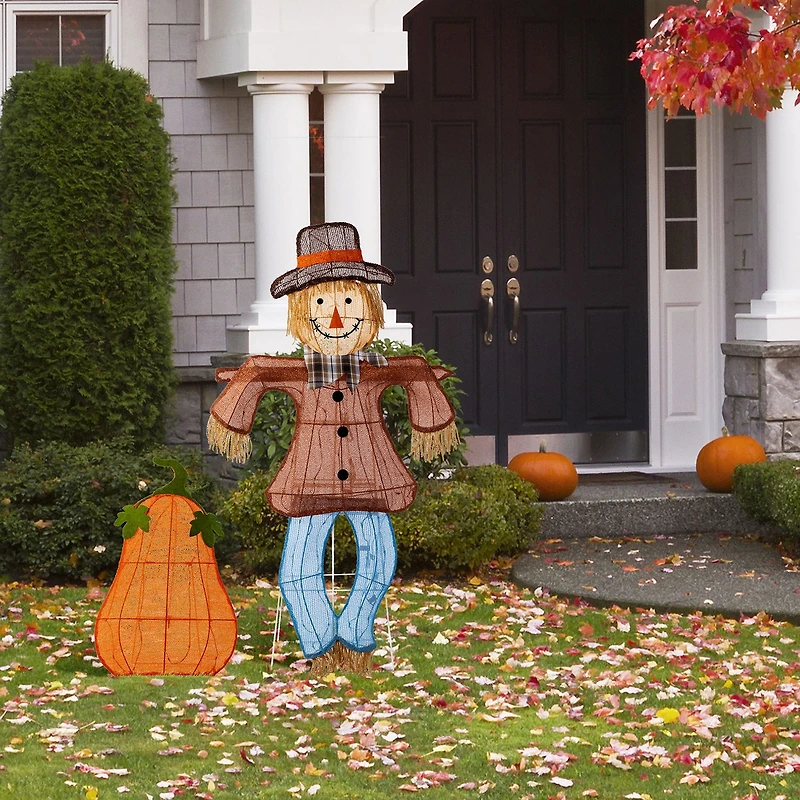 Glitzhome Lighted Fall 2.5d Scarecrow & Pumpkin Outdoor Décor Thanksgiving Inflatable