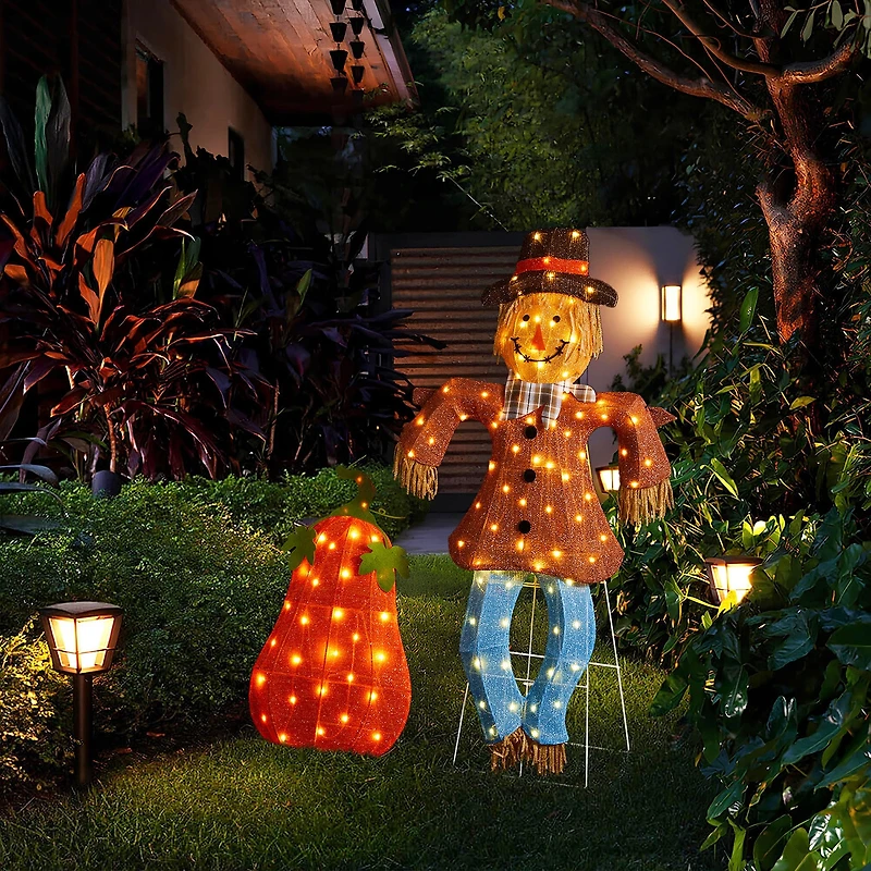 Glitzhome Lighted Fall 2.5d Scarecrow & Pumpkin Outdoor Décor Thanksgiving Inflatable