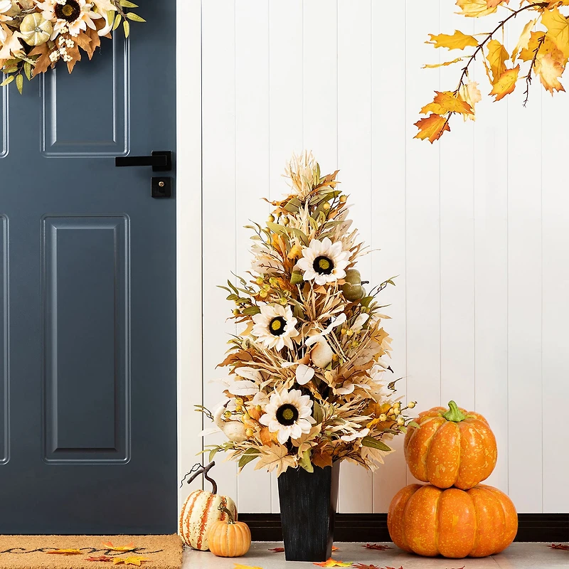 Glitzhome 36"H Fall Neutral Sunflower, Pumpkin And Leaf Porch Tree Thanksgiving Tabletop Decor
