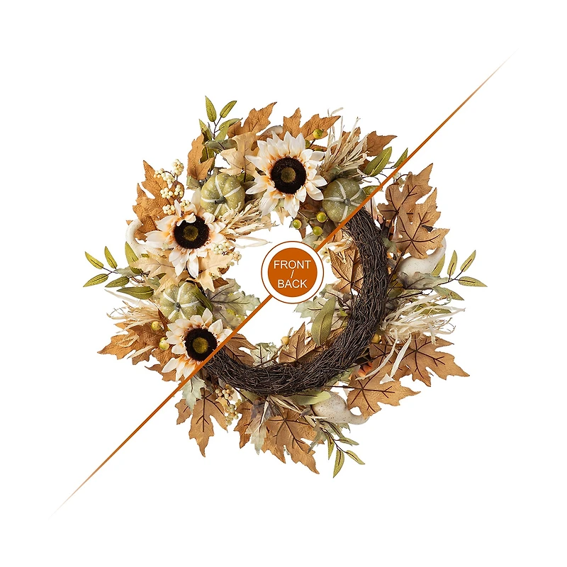 Glitzhome 24"D Fall Neutral Sunflower, Pumpkin And Leaf Wreath Thanksgiving Tabletop Decor