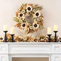 Glitzhome 24"D Fall Neutral Sunflower, Pumpkin And Leaf Wreath Thanksgiving Tabletop Decor