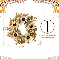 Glitzhome 24"D Fall Neutral Sunflower, Pumpkin And Leaf Wreath Thanksgiving Tabletop Decor