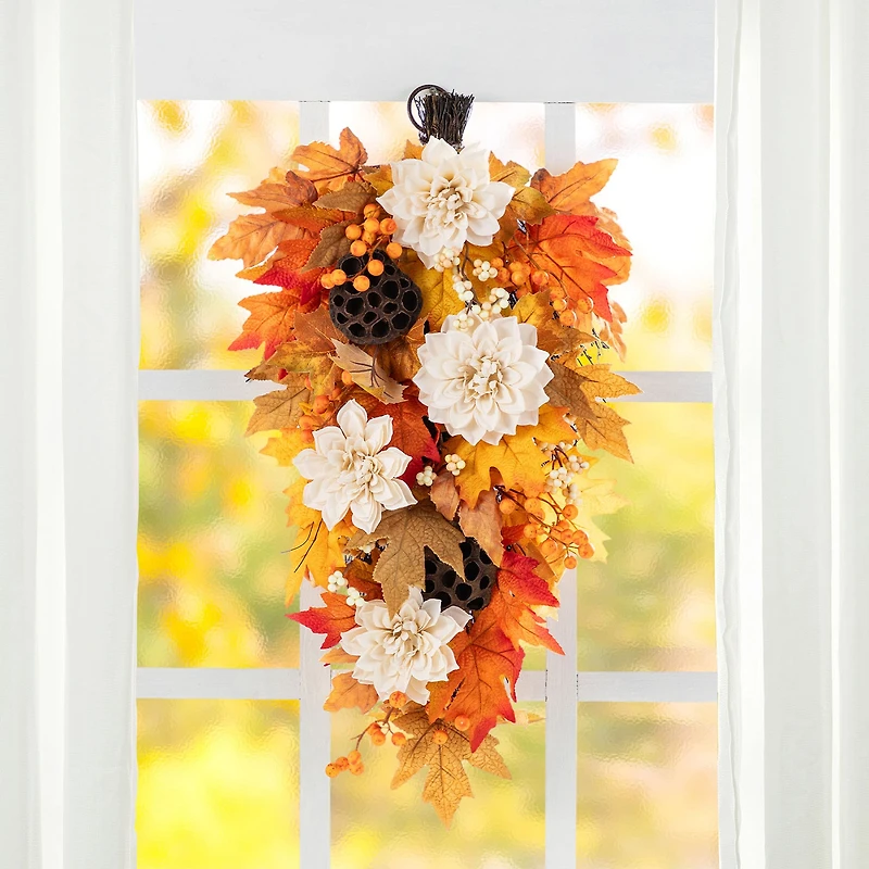 Glitzhome 28"H Fall Lotus, Lotus Pod And Berry Swag Thanksgiving Tabletop Decor