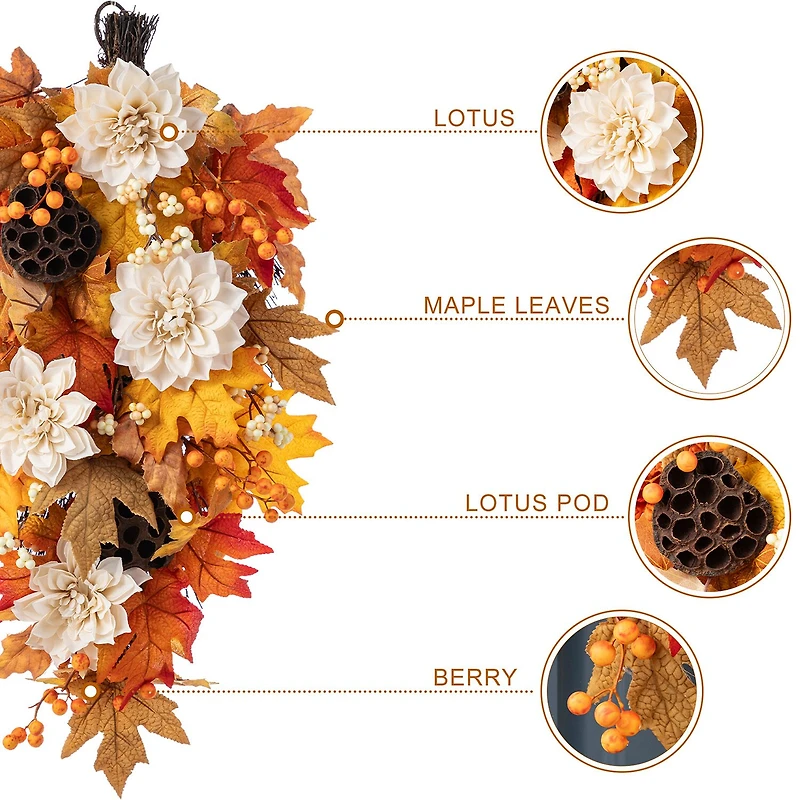 Glitzhome 28"H Fall Lotus, Lotus Pod And Berry Swag Thanksgiving Tabletop Decor