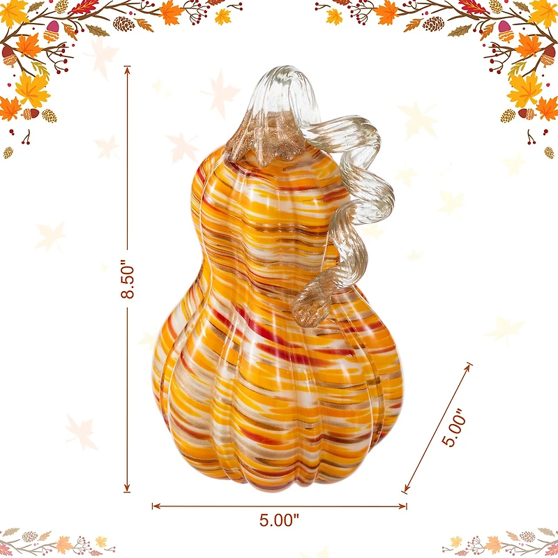 Glitzhome 9"H Fall Multi Stripes Glass Gourd Thanksgiving Tabletop Decor