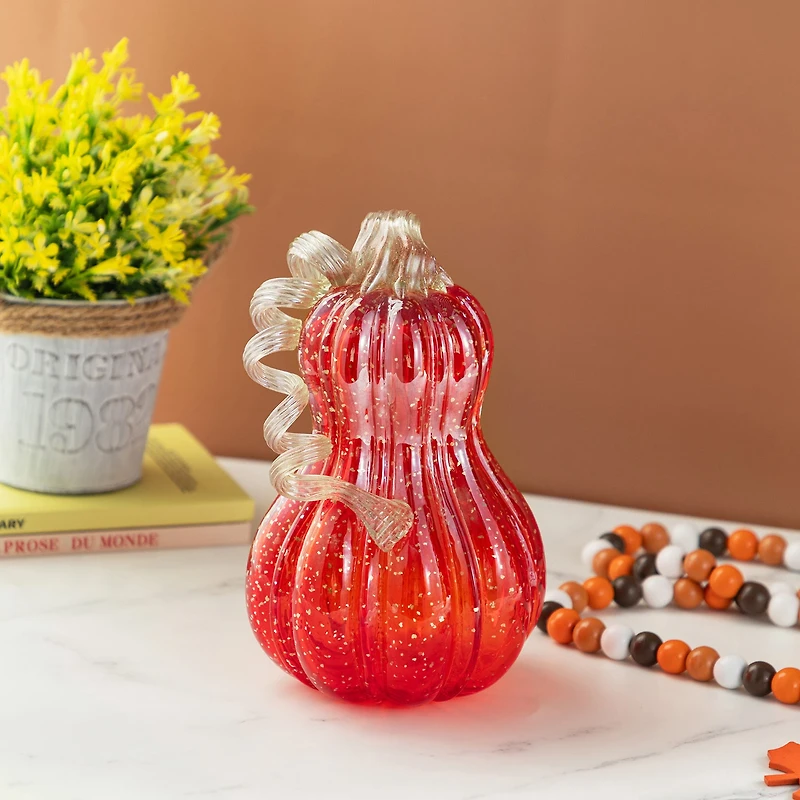 Glitzhome 9"H Fall Red Glass Gourd Thanksgiving Thanksgiving Tabletop Decor