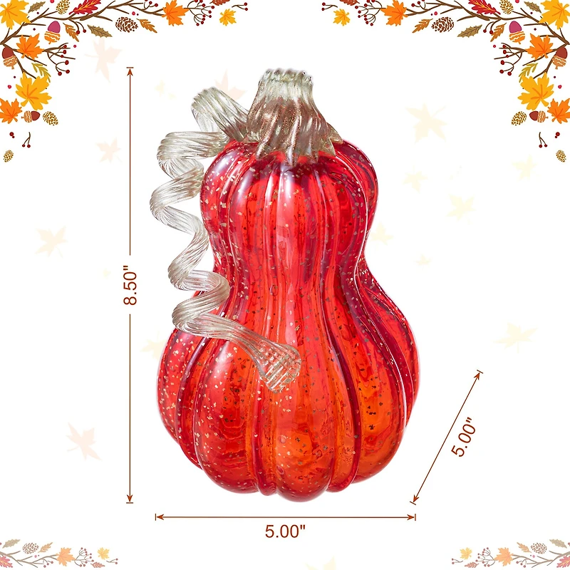Glitzhome 9"H Fall Red Glass Gourd Thanksgiving Thanksgiving Tabletop Decor