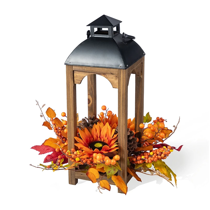 Glitzhome 20"H Fall Sunflower, Pinecone And Berry Wood Lantern Centerpiece Thanksgiving Tabletop Decor