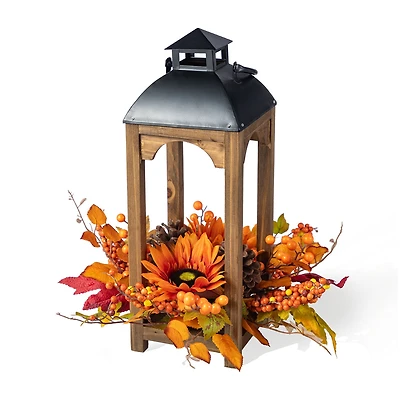Glitzhome 20"H Fall Sunflower, Pinecone And Berry Wood Lantern Centerpiece Thanksgiving Tabletop Decor