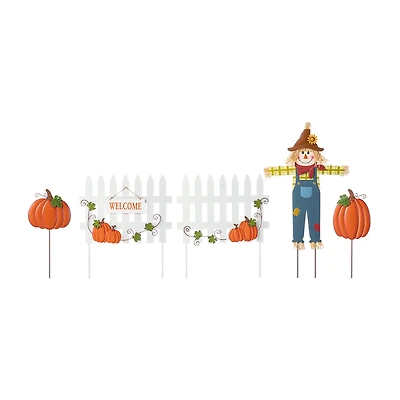 Glitzhome 31"H Fall Metal Scarecrow, Pumpkin & Fence Thanksgiving Yard Art