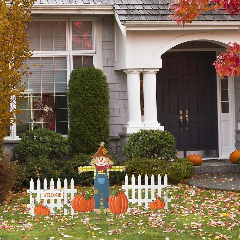 Glitzhome 31"H Fall Metal Scarecrow, Pumpkin & Fence Thanksgiving Yard Art