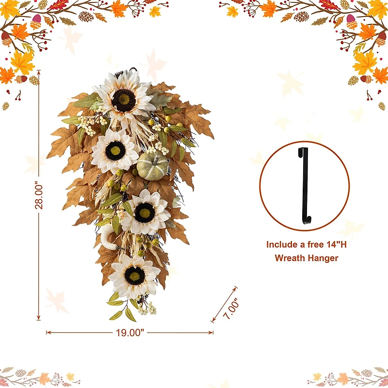 Glitzhome 28"H Fall Neutral Sunflower, Pumpkin And Leaf Swag Thanksgiving Tabletop Decor