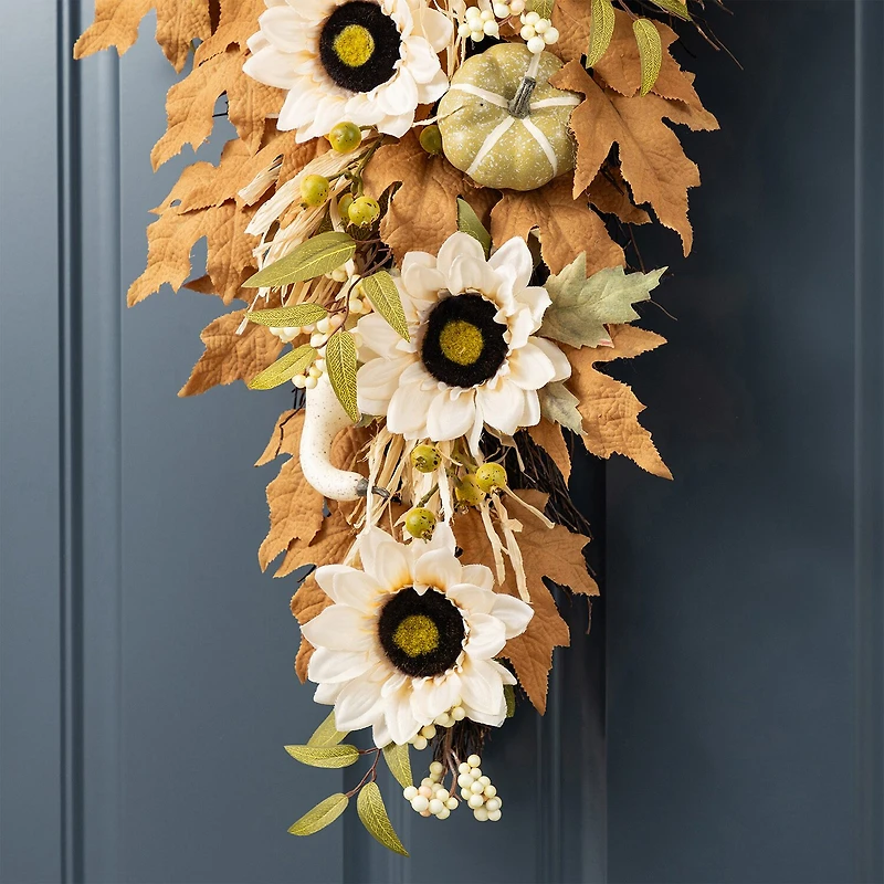 Glitzhome 28"H Fall Neutral Sunflower, Pumpkin And Leaf Swag Thanksgiving Tabletop Decor