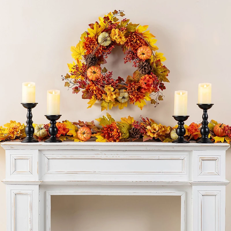 Glitzhome 72"L Fall Dahlia Pumpkin, Leaf And Berry Garland Thanksgiving Tabletop Decor
