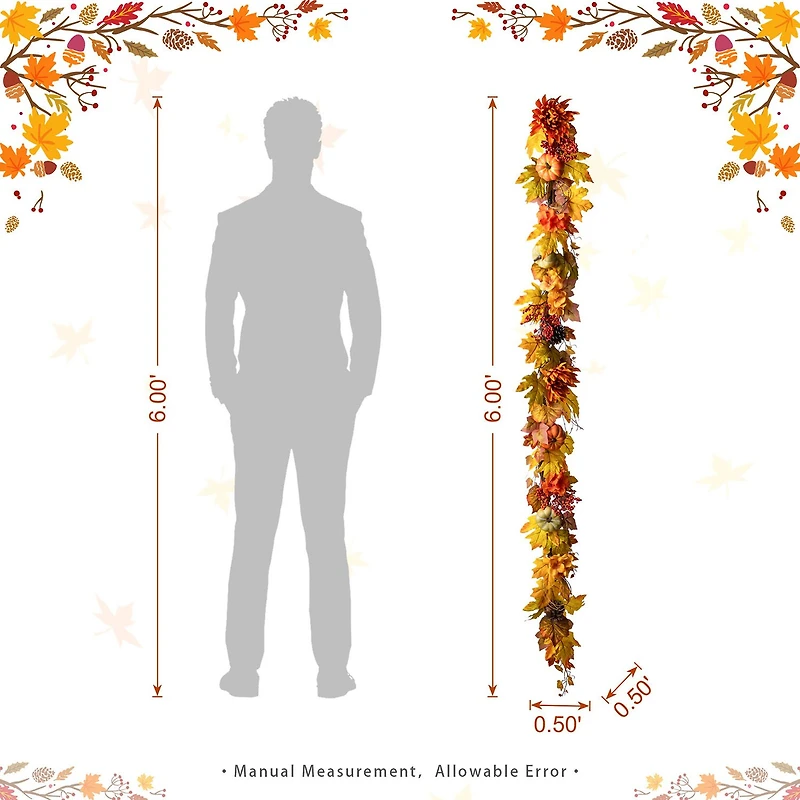 Glitzhome 72"L Fall Dahlia Pumpkin, Leaf And Berry Garland Thanksgiving Tabletop Decor